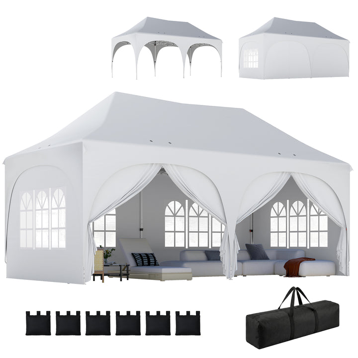 Tenda Dobrável 6x3 m Tenda Pop-up com 6 Laterais Removíveis Altura Ajustável Janelas Bolsa de Transporte UPF30+ Tenda para Campismo Festas Exterior Branco