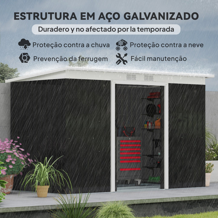 Abrigo de Jardim 280x130x172cm Abrigo de Exterior de Aço Galvanizado com Porta Corredeira e Ventilações para Armazenamento de Ferramentas Cinza Escuro