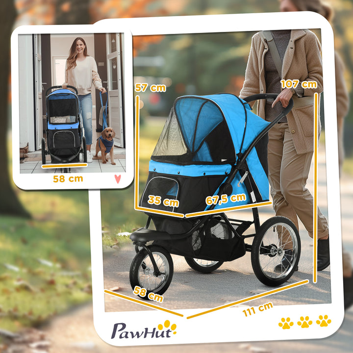 Carrinho para Cães Dobrável Carrinho para Animais de Estimação Carrinho para Cães Médios e Pequenos com Cesta de Armazenamento Capota Ajustável Janela de Malha e 3 Rodas Grandes 111x58x107 cm Azul