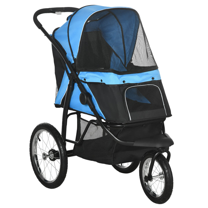 Carrinho para Cães Dobrável Carrinho para Animais de Estimação Carrinho para Cães Médios e Pequenos com Cesta de Armazenamento Capota Ajustável Janela de Malha e 3 Rodas Grandes 111x58x107 cm Azul