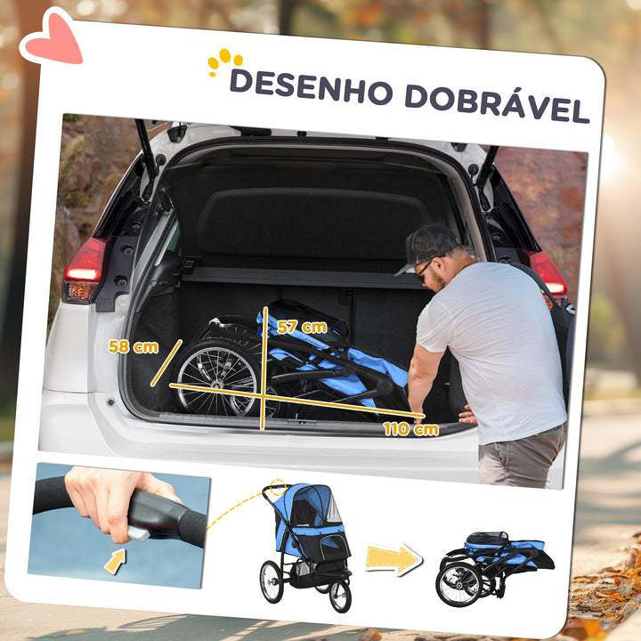 Carrinho para Cães Dobrável Carrinho para Animais de Estimação Carrinho para Cães Médios e Pequenos com Cesta de Armazenamento Capota Ajustável Janela de Malha e 3 Rodas Grandes 111x58x107 cm Azul