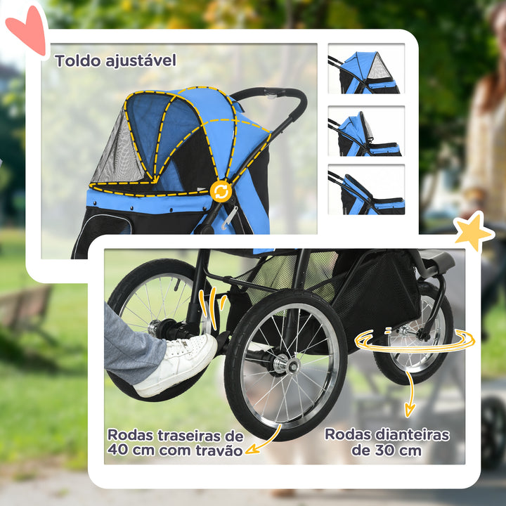 Carrinho para Cães Dobrável Carrinho para Animais de Estimação Carrinho para Cães Médios e Pequenos com Cesta de Armazenamento Capota Ajustável Janela de Malha e 3 Rodas Grandes 111x58x107 cm Azul