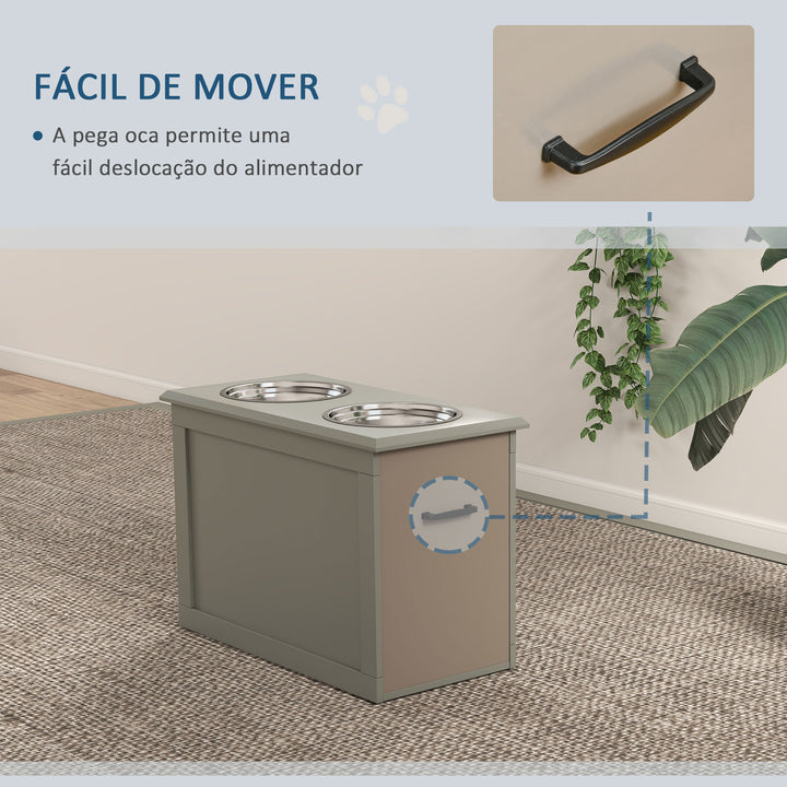 Comedouro Elevado para Cães Comedouro para Cães com 2 Tigelas de Aço Inoxidável e Espaço de Armazenamento Oculto 60x30x41 cm Cinzento