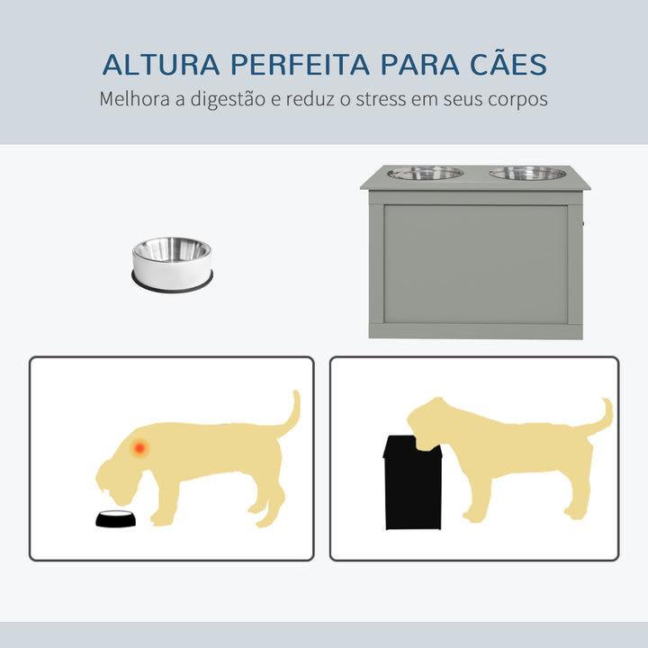 Comedouro Elevado para Cães Comedouro para Cães com 2 Tigelas de Aço Inoxidável e Espaço de Armazenamento Oculto 60x30x41 cm Cinzento