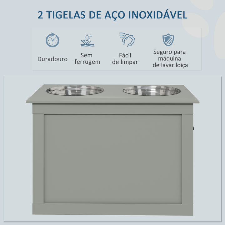 Comedouro Elevado para Cães Comedouro para Cães com 2 Tigelas de Aço Inoxidável e Espaço de Armazenamento Oculto 60x30x41 cm Cinzento