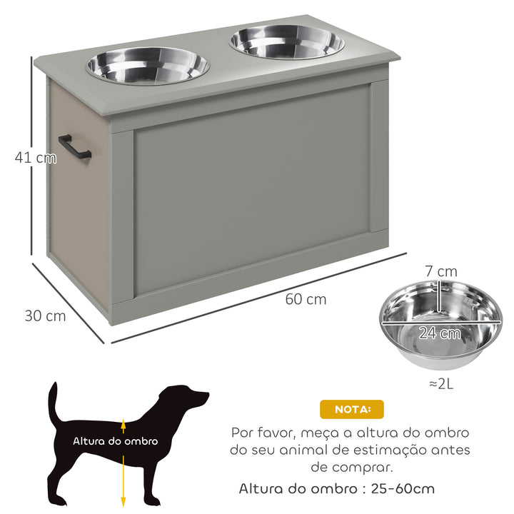 Comedouro Elevado para Cães Comedouro para Cães com 2 Tigelas de Aço Inoxidável e Espaço de Armazenamento Oculto 60x30x41 cm Cinzento