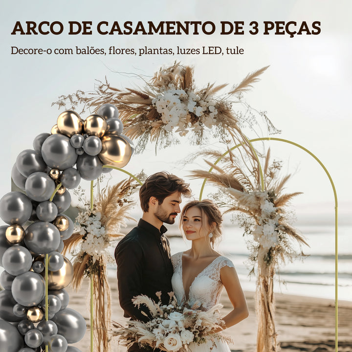 Conjunto de 3 Arcos de Jardim para Rosas em Metal Arcos de Casamento de 220/200/180 cm com Revestimento em Pó Resistente às Intempéries para Plantas Trepadeiras Decoração de Pátio e Terraço Dourado