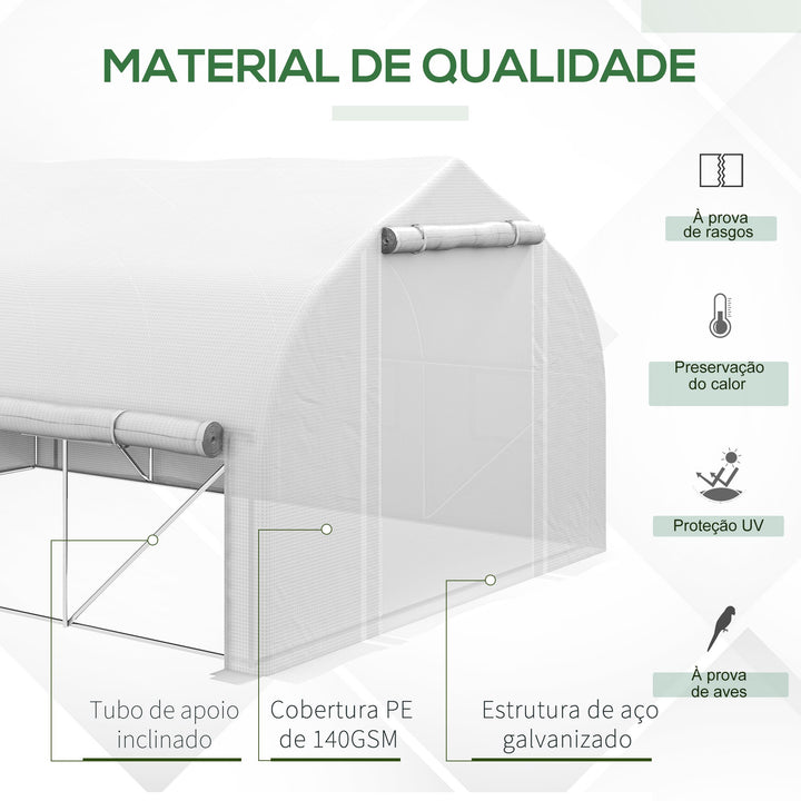 Estufa Tipo Túnel 395x300x200 cm com Porta de Malha e 8 Janelas Estufa de Jardim com Porta e Janelas Enroláveis e Cobertura de PE para Cultivos de Plantas Verduras Branco