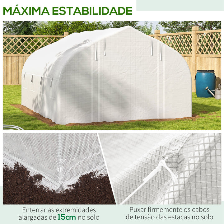 Estufa Tipo Túnel 395x300x200 cm com Porta de Malha e 8 Janelas Estufa de Jardim com Porta e Janelas Enroláveis e Cobertura de PE para Cultivos de Plantas Verduras Branco