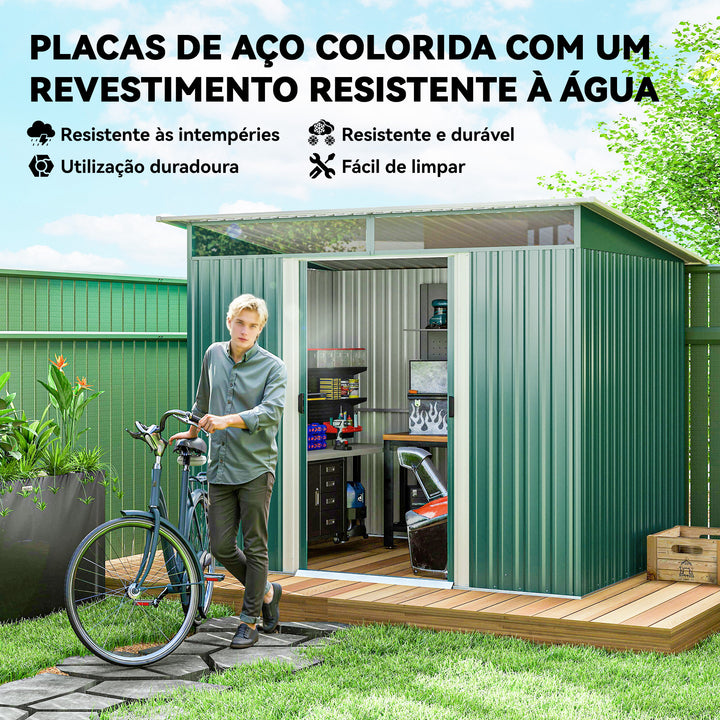 Abrigo de Jardim 4,5 m² 260x194x200 cm Abrigo Exterior Metálico com Painéis Frontais Transparentes e 2 Portas Deslizantes para Armazenamento de Ferramentas Verde