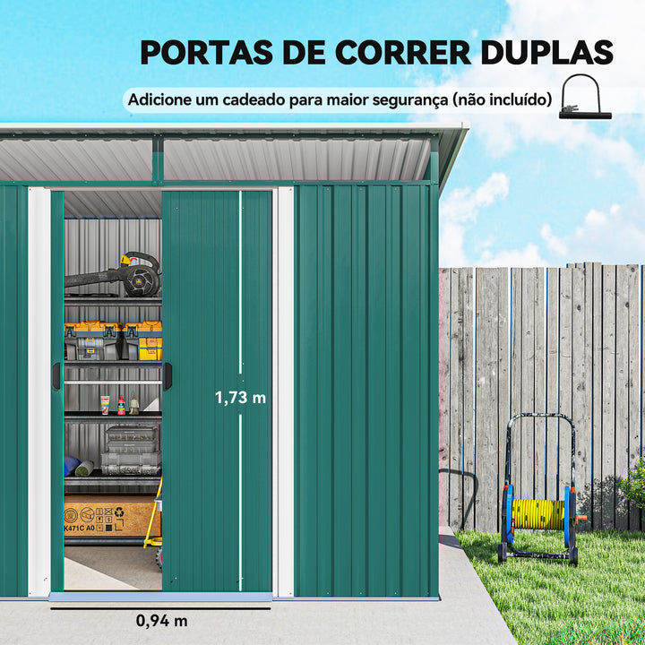 Abrigo de Jardim 4,5 m² 260x194x200 cm Abrigo Exterior Metálico com Painéis Frontais Transparentes e 2 Portas Deslizantes para Armazenamento de Ferramentas Verde
