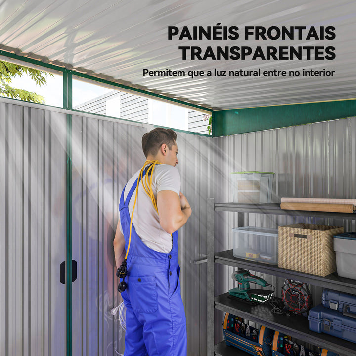 Abrigo de Jardim 4,5 m² 260x194x200 cm Abrigo Exterior Metálico com Painéis Frontais Transparentes e 2 Portas Deslizantes para Armazenamento de Ferramentas Verde