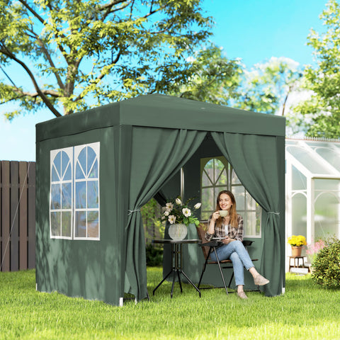 Tenda Dobrável 2x2 m Tenda de Jardim com 4 Paredes Laterais Tecido Oxford 2 Portas 2 Janelas e Bolsa de Transporte para Exterior Terraço Campismo Festas Verde