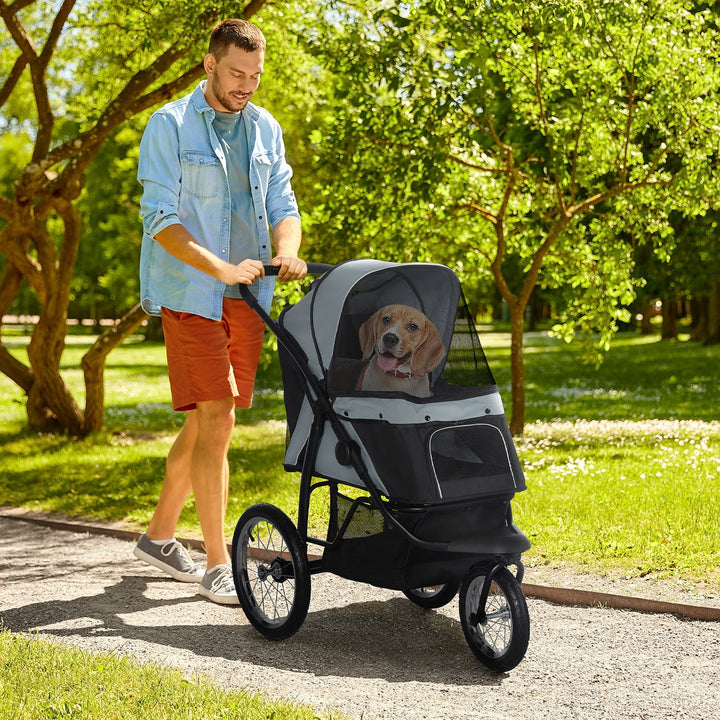 Carrinho para Cães Dobrável Carrinho para Animais de Estimação Carrinho para Cães Médios e Pequenos com Cesta de Armazenamento Capota Ajustável Janela de Malha e 3 Rodas Grandes 111x58x107 cm Cinza