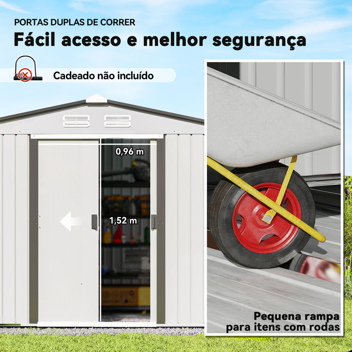 Abrigo de Jardim Exterior Abrigo e Jardim Metálico para Armazenamento de Ferramentas com 4 Janelas 277x195x192 cm Branco e Cinza Escuro