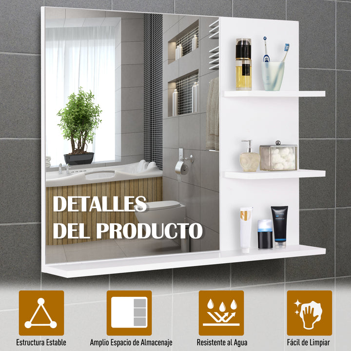 Espelho para Casa de Banho Espelho Casa de Banho para Pendurar na Parede com 3 Prateleiras 60x10x47cm Branco