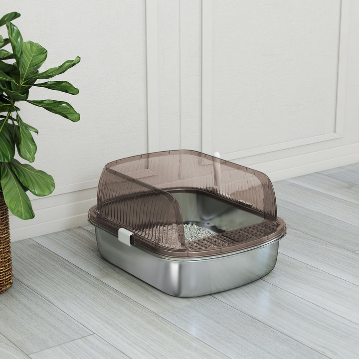 Caixa de Areia para Gatos Coberto Extra Grande Caixa de Areia Fechada com Bandeja em Aço Inoxidável Bordas Altas Pá e Zona para Queda de Areia para Gatos Grandes 53x42x27 cm Cinzento