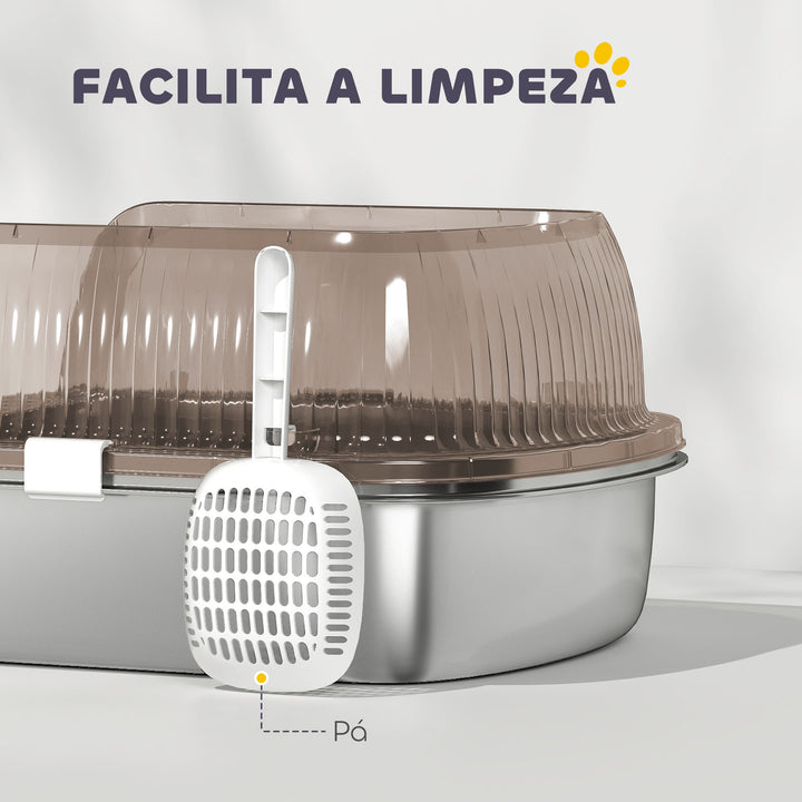 Caixa de Areia para Gatos Coberto Extra Grande Caixa de Areia Fechada com Bandeja em Aço Inoxidável Bordas Altas Pá e Zona para Queda de Areia para Gatos Grandes 53x42x27 cm Cinzento