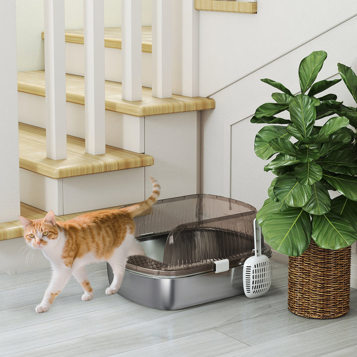 Caixa de Areia para Gatos Coberto Extra Grande Caixa de Areia Fechada com Bandeja em Aço Inoxidável Bordas Altas Pá e Zona para Queda de Areia para Gatos Grandes 53x42x27 cm Cinzento