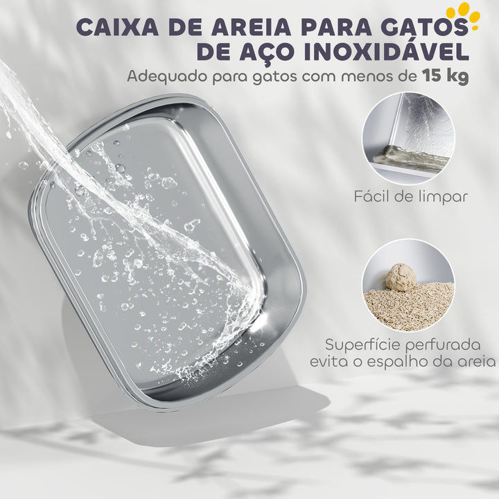 Caixa de Areia para Gatos Coberto Extra Grande Caixa de Areia Fechada com Bandeja em Aço Inoxidável Bordas Altas Pá e Zona para Queda de Areia para Gatos Grandes 53x42x27 cm Cinzento