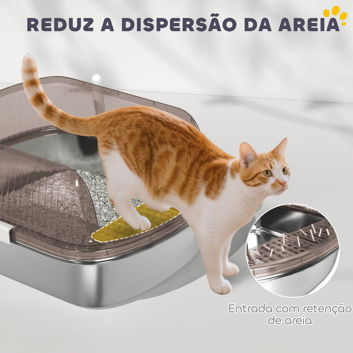 Caixa de Areia para Gatos Coberto Extra Grande Caixa de Areia Fechada com Bandeja em Aço Inoxidável Bordas Altas Pá e Zona para Queda de Areia para Gatos Grandes 53x42x27 cm Cinzento