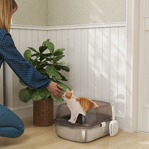 Caixa de Areia para Gatos Coberto Extra Grande Caixa de Areia Fechada com Bandeja em Aço Inoxidável Bordas Altas Pá e Zona para Queda de Areia para Gatos Grandes 53x42x27 cm Cinzento