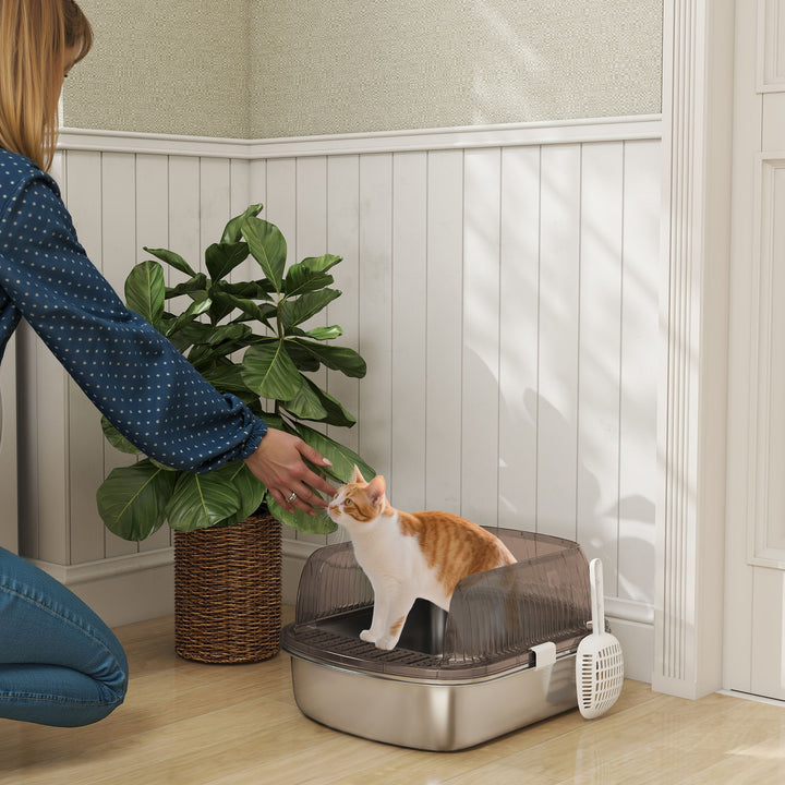 Caixa de Areia para Gatos Coberto Extra Grande Caixa de Areia Fechada com Bandeja em Aço Inoxidável Bordas Altas Pá e Zona para Queda de Areia para Gatos Grandes 53x42x27 cm Cinzento