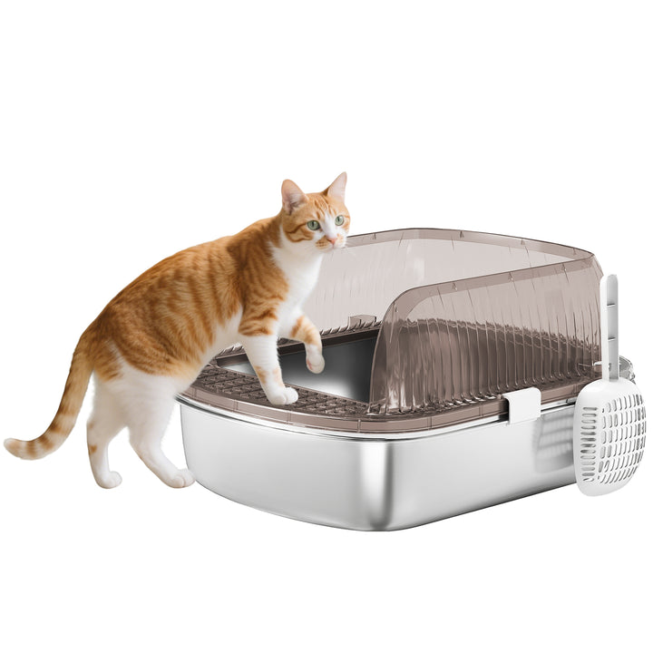 Caixa de Areia para Gatos Coberto Extra Grande Caixa de Areia Fechada com Bandeja em Aço Inoxidável Bordas Altas Pá e Zona para Queda de Areia para Gatos Grandes 53x42x27 cm Cinzento