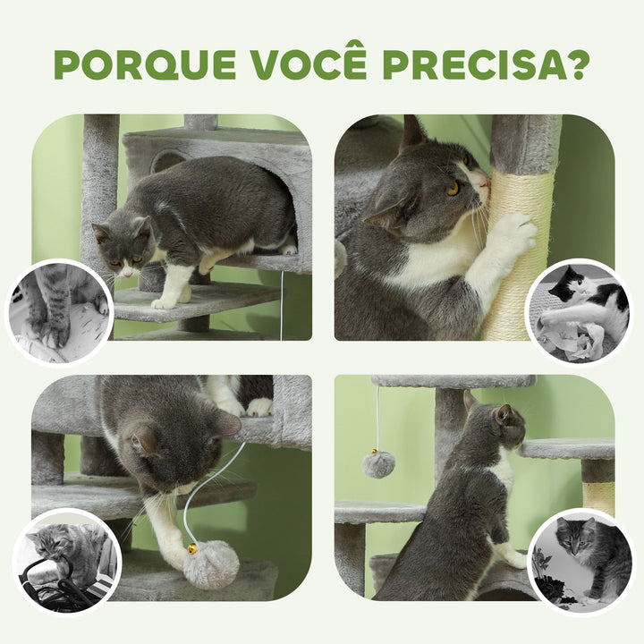 Arranhador para Gatos Altura 138 cm Arranhador para Gatos Torre de Escalada com Postes Arranhadores de Sisal Plataformas Cavernas Bolas Pendentes e Redes Cinza Claro