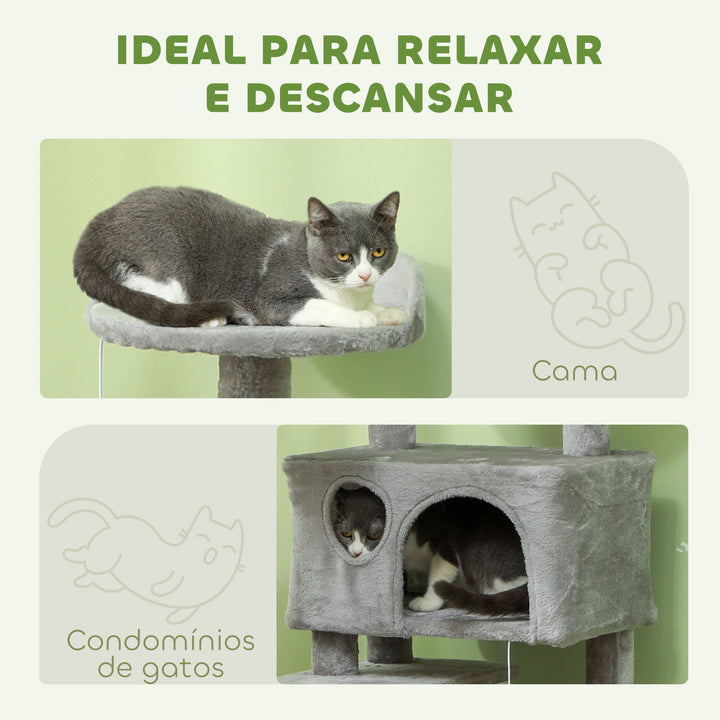 Arranhador para Gatos Altura 138 cm Arranhador para Gatos Torre de Escalada com Postes Arranhadores de Sisal Plataformas Cavernas Bolas Pendentes e Redes Cinza Claro