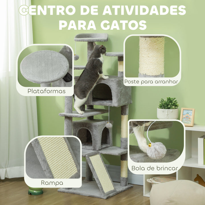 Arranhador para Gatos Altura 138 cm Arranhador para Gatos Torre de Escalada com Postes Arranhadores de Sisal Plataformas Cavernas Bolas Pendentes e Redes Cinza Claro
