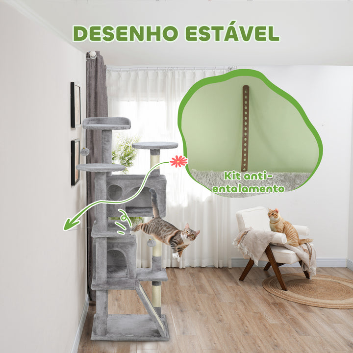 Arranhador para Gatos Altura 138 cm Arranhador para Gatos Torre de Escalada com Postes Arranhadores de Sisal Plataformas Cavernas Bolas Pendentes e Redes Cinza Claro