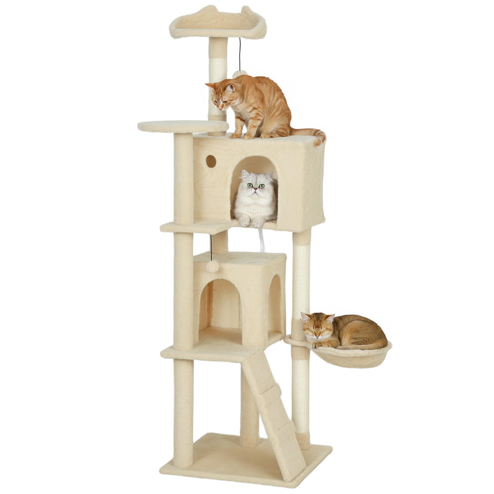Arranhador para Gatos 160 cm Torre de Escalada com Múltiplas Plataformas Cama 2 Cavernas Rede Escada Postes de Sisal Bolas para Brincar Bege
