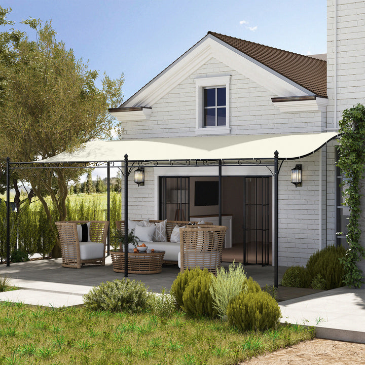 Pérgola de Parede de Jardim 3x6 m Pérgola de Jardim com Telhado Inclinado Orifícios de Drenagem e Estrutura Metálica Resistente às Intempéries para Pátio Terraço Varanda Creme