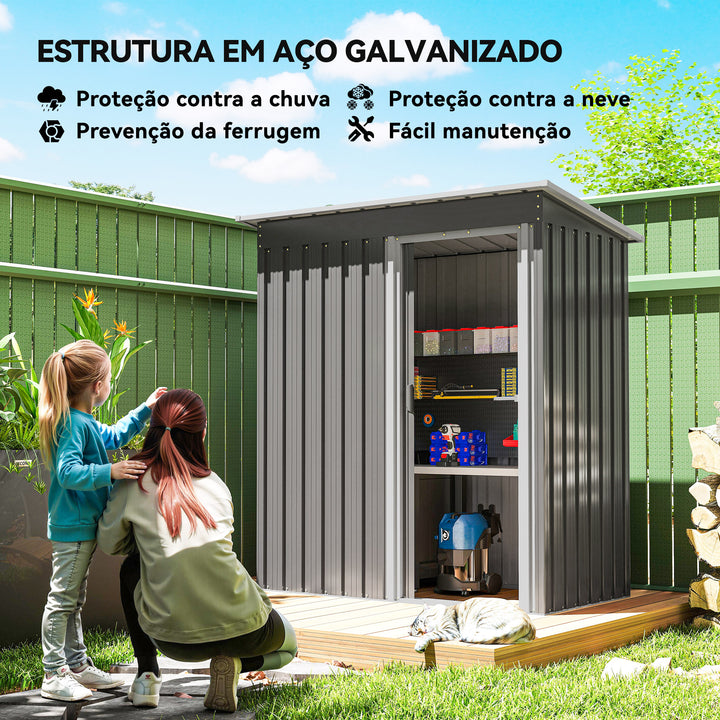 Abrigo de Jardim Exterior 163x89x182 cm Abrigo Metálico para Ferramentas com Porta de Correr e Teto Inclinado para Pátio Cinzento