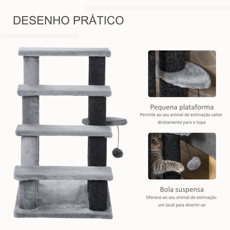 Escada para Animais de Estimação Escada para Gatos de 4 Degraus com Poste de Arranhar Bola Escada para Animais de Estimação 45x40x68 cm Cinza