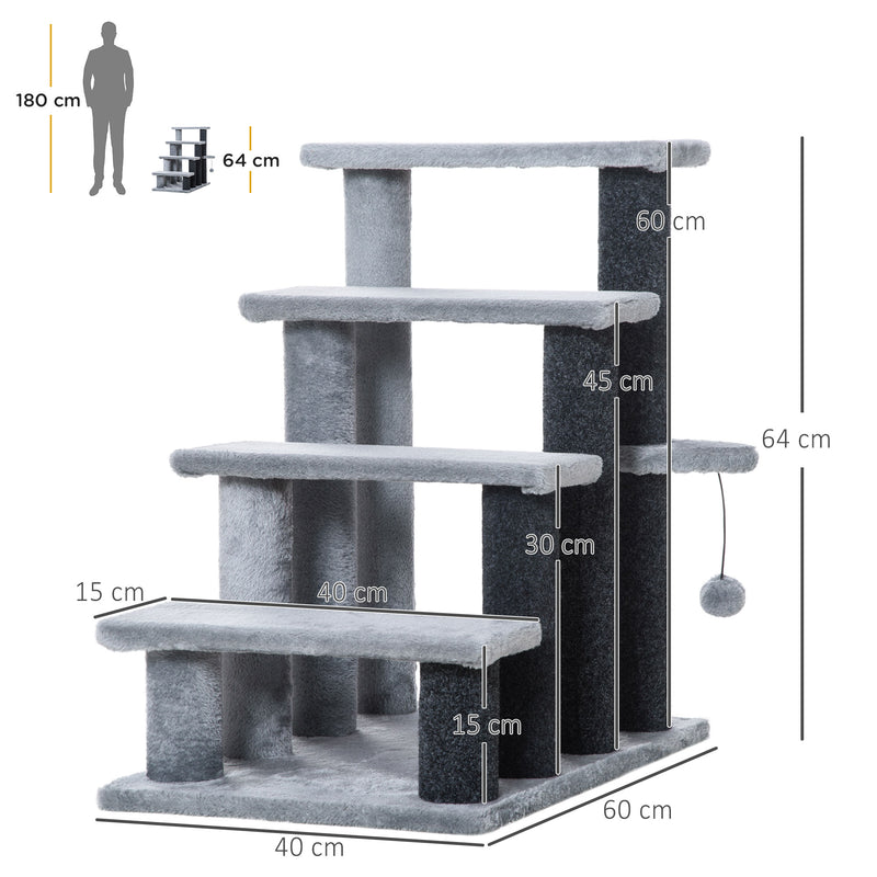 Escada para Animais de Estimação Escada para Gatos de 4 Degraus com Poste de Arranhar Bola Escada para Animais de Estimação 45x40x68 cm Cinza