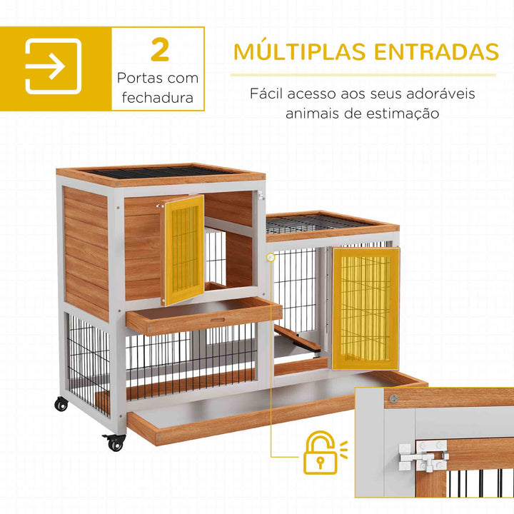 Coelheira de Madeira Interior com Rodas Gaiola para Coelhos Animais Pequenos de 2 Pisos com Zona Aberta Rampa e 2 Bandejas Removíveis 110x50x88 cm Madeira