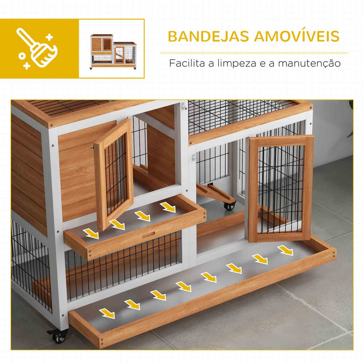 Coelheira de Madeira Interior com Rodas Gaiola para Coelhos Animais Pequenos de 2 Pisos com Zona Aberta Rampa e 2 Bandejas Removíveis 110x50x88 cm Madeira