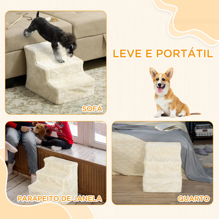 Escada para Cães de 3 Degraus Escada para Animais com Capa Removível e Lavável Rampa para Cães e Gatos para Cama Sofá, 46x35x35 cm Bege