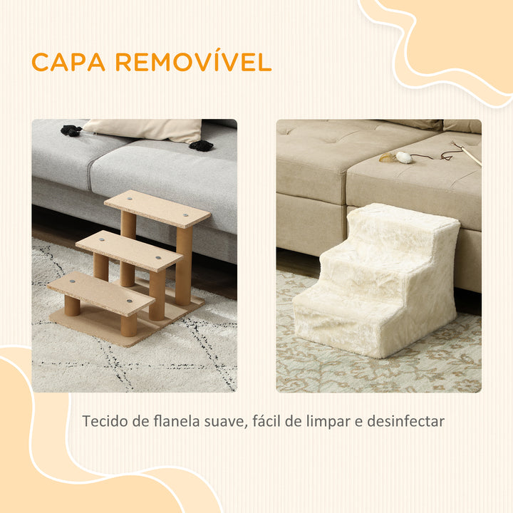 Escada para Cães de 3 Degraus Escada para Animais com Capa Removível e Lavável Rampa para Cães e Gatos para Cama Sofá, 46x35x35 cm Bege