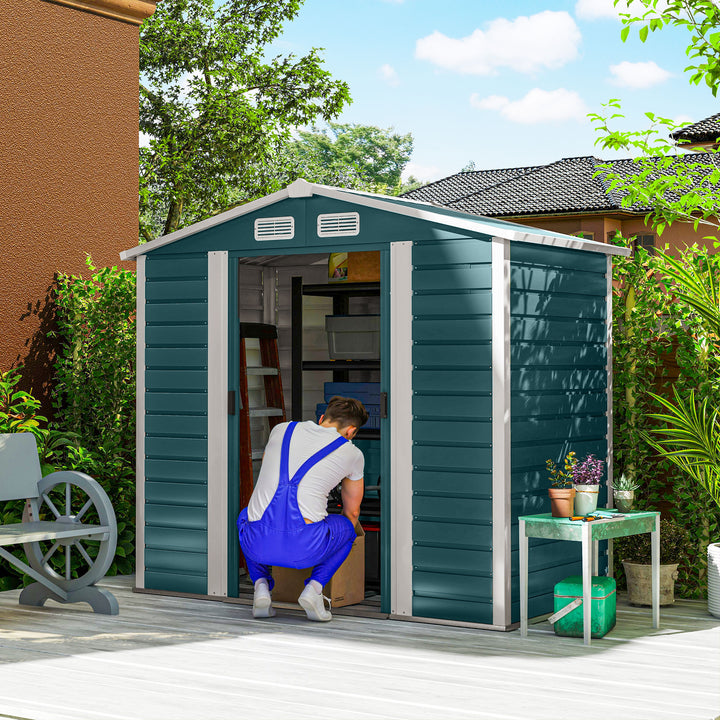 Abrigo de Jardim Exterior 2,36m² 213x120x194 cm Abrigo de Exterior com Base Reforçada (Piso NÃO Incluído) Portas de Correr Duplas Fechadura Janelas Verde
