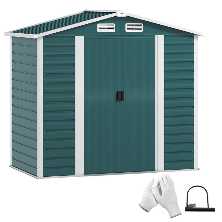 Abrigo de Jardim Exterior 2,36m² 213x120x194 cm Abrigo de Exterior com Base Reforçada (Piso NÃO Incluído) Portas de Correr Duplas Fechadura Janelas Verde