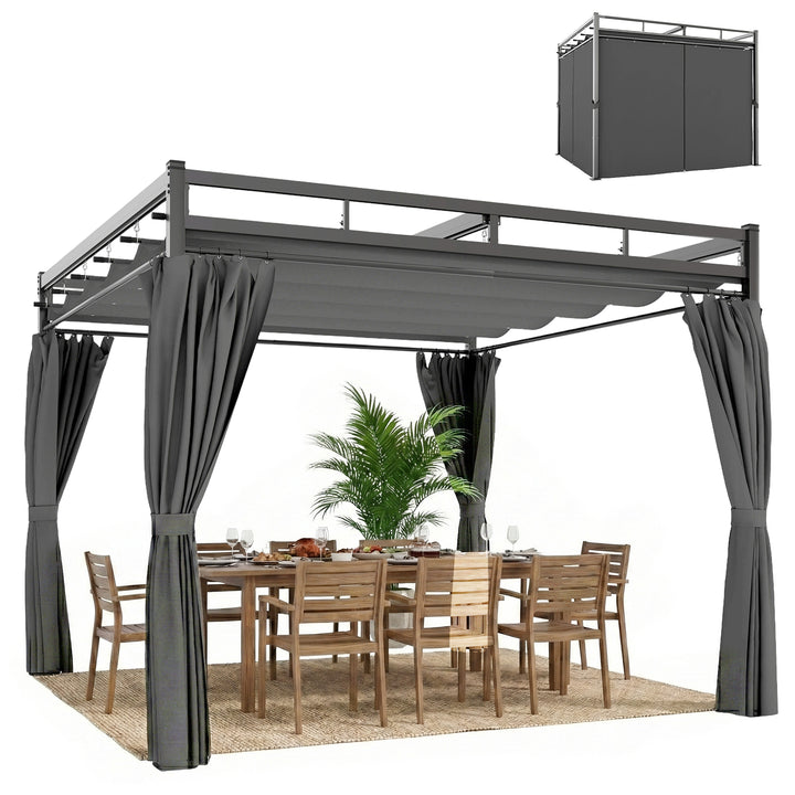 Pérgola de Jardim 295x295x221 cm com Teto Retrátil e Cortinas UPF30+ Estrutura Metálica Pérgola para Exterior Cinzento Escuro