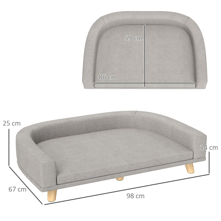 Sofá para Cães Cama Elevada para Cães Estofada com Almofada Lavável e Pés de Madeira de Pinho Carga Máxima 40 kg 98x67x25 cm Cinza