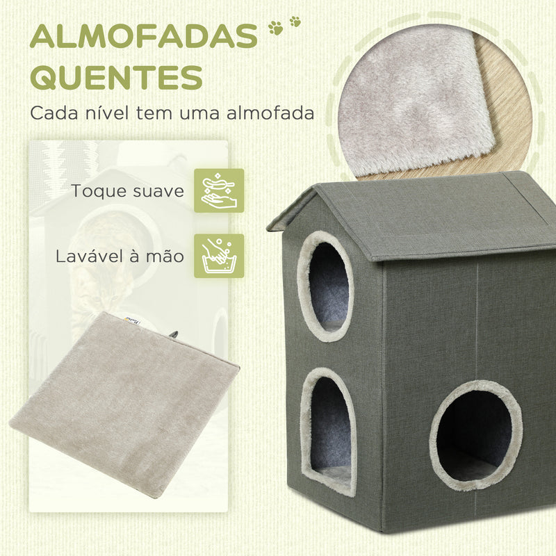 Casa para Gatos de 2 Níveis Cama para Gatos Caverna para Gatos com 3 Portas e Almofadas Laváveis 42x46x59,5 cm Cinza