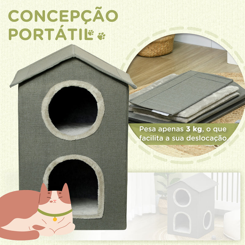 Casa para Gatos de 2 Níveis Cama para Gatos Caverna para Gatos com 3 Portas e Almofadas Laváveis 42x46x59,5 cm Cinza