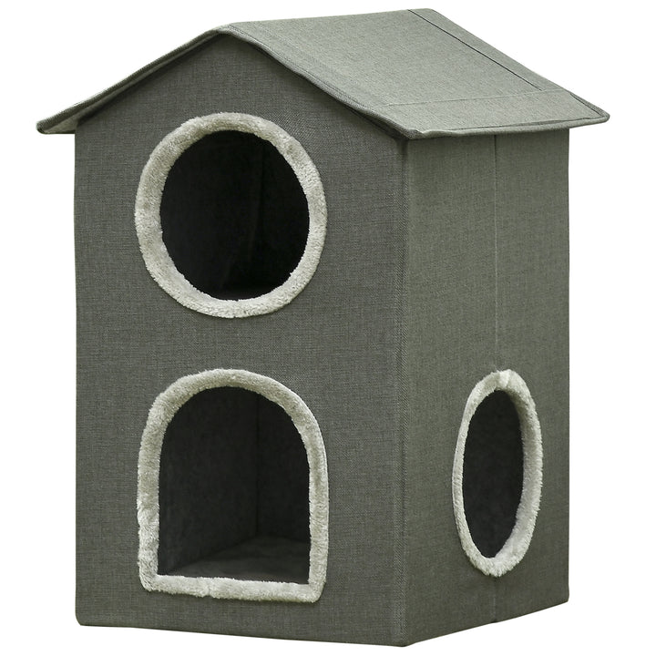 Casa para Gatos de 2 Níveis Cama para Gatos Caverna para Gatos com 3 Portas e Almofadas Laváveis 42x46x59,5 cm Cinza