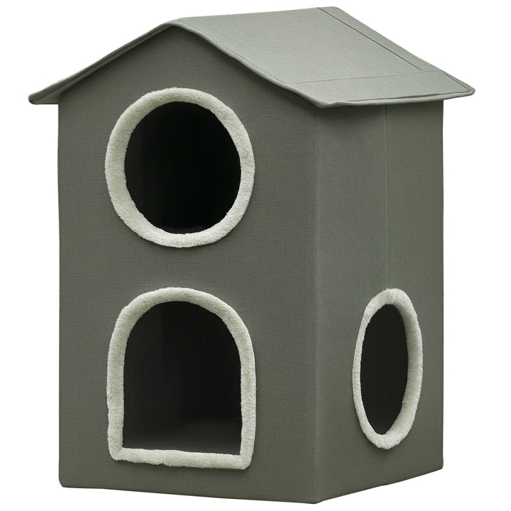 Casa para Gatos de 2 Níveis Cama para Gatos Caverna para Gatos com 3 Portas e Almofadas Laváveis 42x46x59,5 cm Cinza