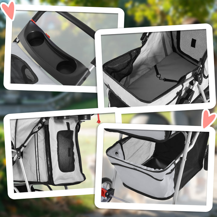 Carrinho Dobrável Animais de Estimação 75x45x97 cm Cão Gato Carrinho Rodas Giram 360º Cinzento